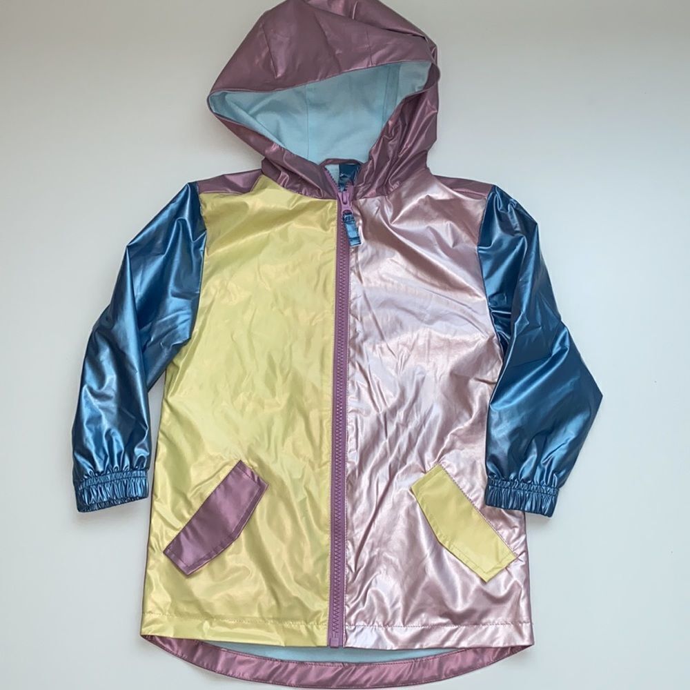 Andy & Evan Girls Aqua Metallic Colorblock Hooded Windbreaker Jacket Size 3T NWT - Picture 3 of 5